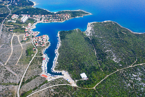 Aerial view of yacht marina in Simuni, Pag Island, Croatia