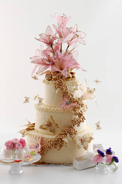 white background and big wedding cake and flower glass with fruit