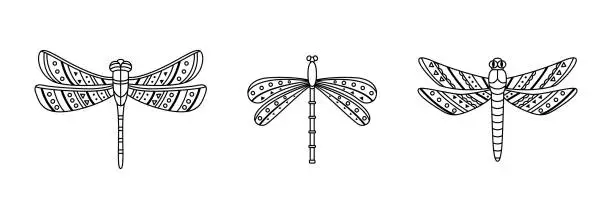 Vector illustration of Set of dragonflies in boho styles. Geometric tribal outline illustration.