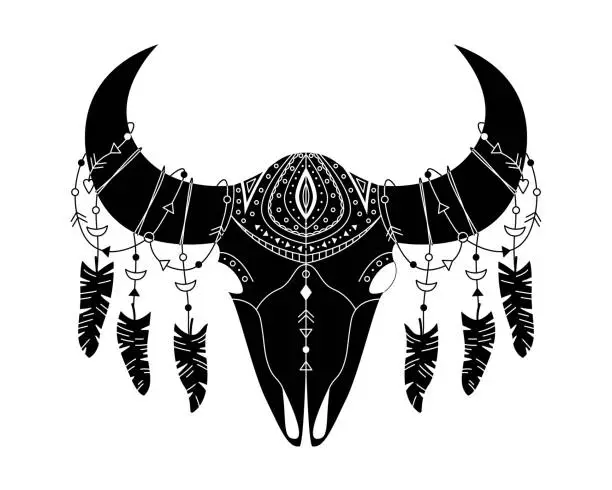 Vector illustration of Animal skull in boho style with geometric ornaments and bird feathers. Tribal illustration in simple style.