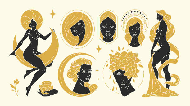 stockillustraties, clipart, cartoons en iconen met magic woman vector illustrations of graceful feminine women and esoteric symbols set - godin