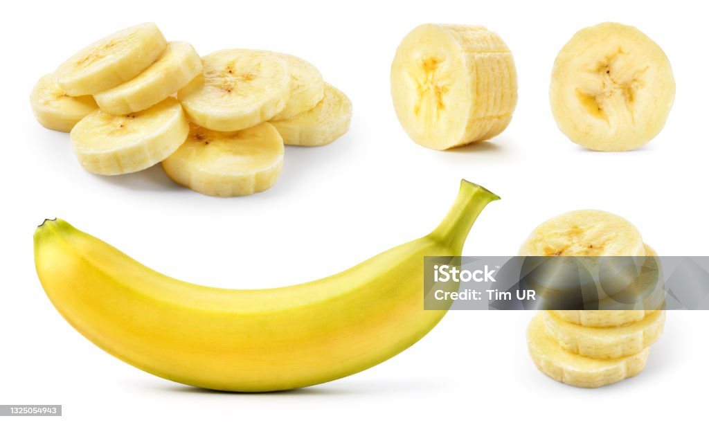 Banana slice isolated. Cut bananas on white. Set of banana slices and a whole on white background. Banana Stock Photo