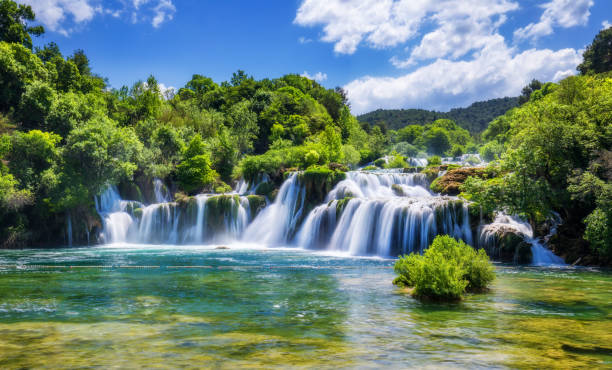 vista del parco nazionale di krka, croazia, europa. splendida vista estiva sulle cascate di krka. scena fantastica del parco nazionale di krka, croazia, europa. - croatia nature tree plant foto e immagini stock