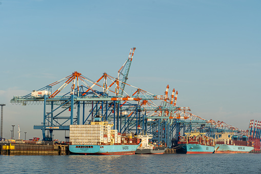 Bremerhaven, Geramny - September 15, 2020: Maersk container ships at the EUROGATE Container Terminal