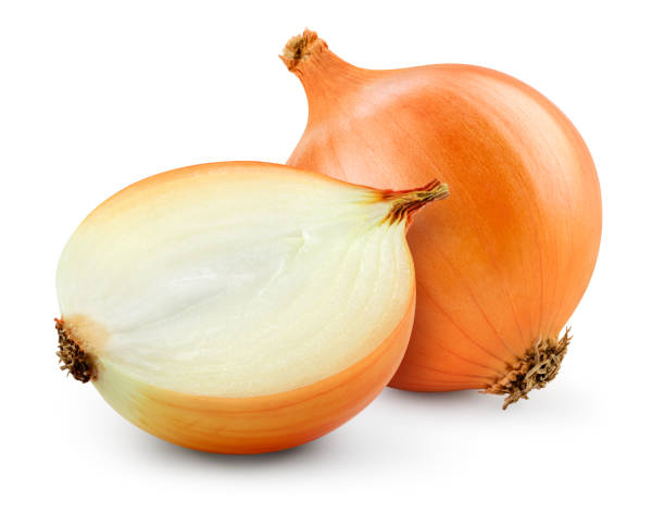 istock Onion bulbs isolated. Whole golden onion bulb and a half on white background. Full depth of field. With clipping path. 1325055729