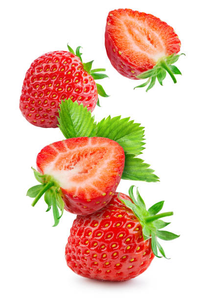 istock Strawberry isolated. Falling strawberries with leaf on white background. Flying strawberries on white. Side view. Full depth of field. 1325055756