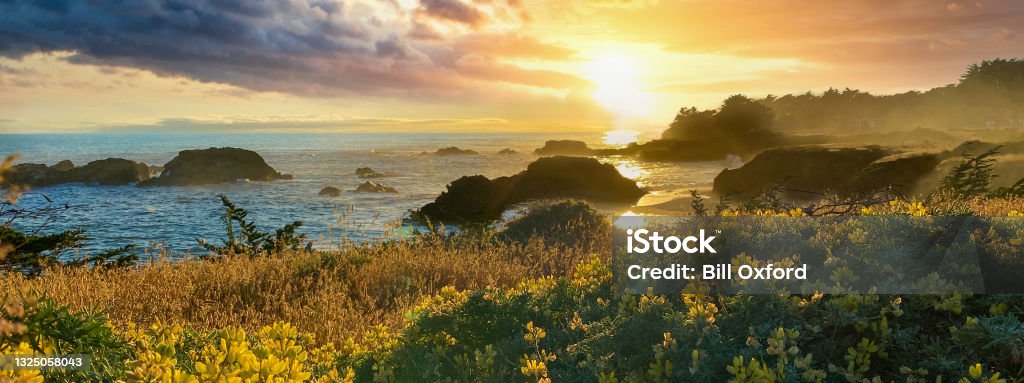 Panoramic of coastal, northern California ocean sunset The Sea Ranch, California coastal scene. Beach Stock Photo