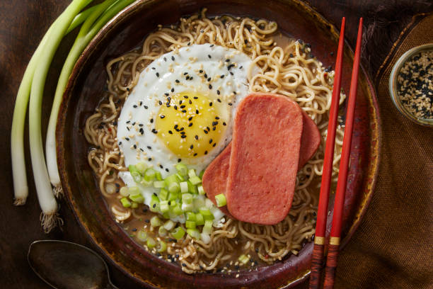 Japanese Style Breakfast with Fried Spiced Ham