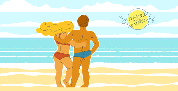 ilustraciones, imágenes clip art, dibujos animados e iconos de stock de pareja enamorada de pie en la playa a orillas del mar y viendo las ilustraciones de vector de mar, marido y mujer, amantes de la luna de miel vacaciones de verano, descanso relajarse junto al mar tranquila calma. - honeymoon beach couple heterosexual couple