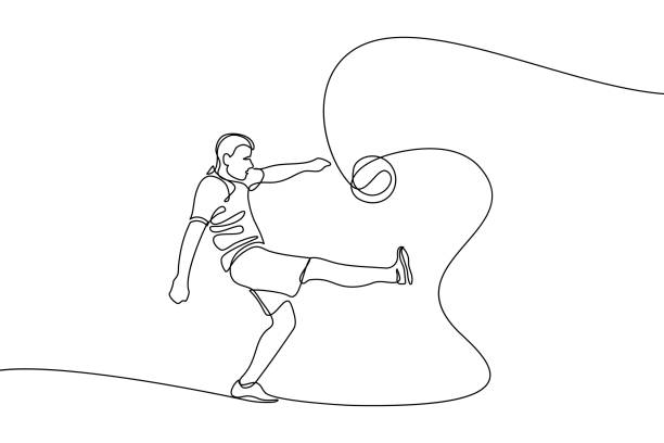 Soccer player kicking a ball Football player kicking a ball in continuous line art drawing style. Soccer game playing minimalist black linear sketch isolated on white background. Vector illustration soccer drawings stock illustrations