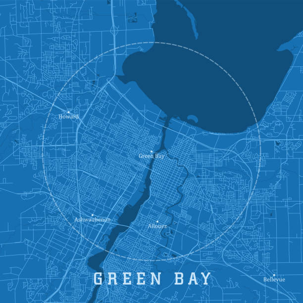 ilustraciones, imágenes clip art, dibujos animados e iconos de stock de green bay wi city vector road map texto azul - east river illustrations