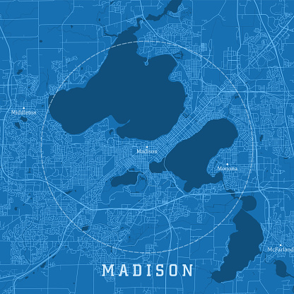 Madison WI City Vector Road Map Blue Text. All source data is in the public domain. U.S. Census Bureau Census Tiger. Used Layers: areawater, linearwater, roads.