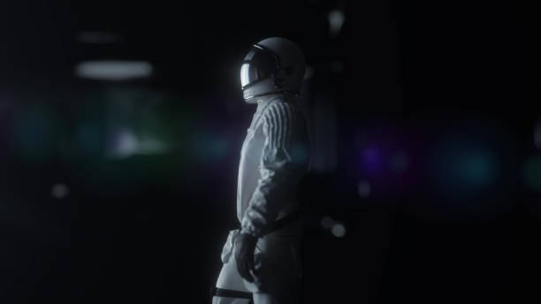 astronauta spacerujący futurystycznym statkiem kosmicznym, korytarzem wahadłowym sci-fi. technologia i koncepcja przyszłości. renderowanie 3d - people exploration futuristic walking zdjęcia i obrazy z banku zdjęć