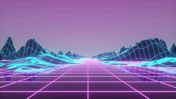 Retrowave horizon landscape with neon lights and low poly terrain. 3d rendering