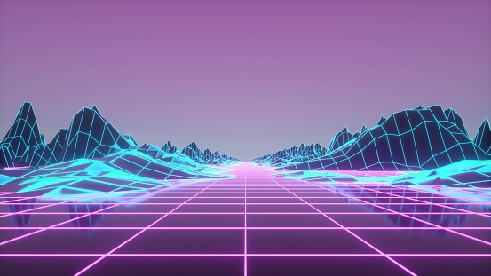 Retrowave horizon landscape with neon lights and low poly terrain. 3d rendering.