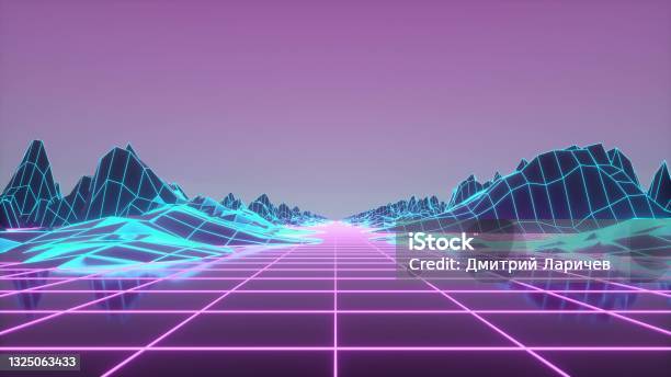 Retrowave Horizon Landscape With Neon Lights And Low Poly Terrain 3d Rendering Stock Photo - Download Image Now