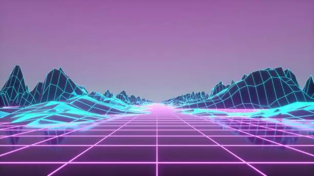 Photo of Retrowave horizon landscape with neon lights and low poly terrain. 3d rendering