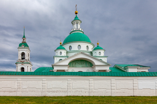 The fortress wall of the Spaso-Yakovlevsky Dimitriev Monastery in Rostov the Great. Yaroslavl region, Russia.