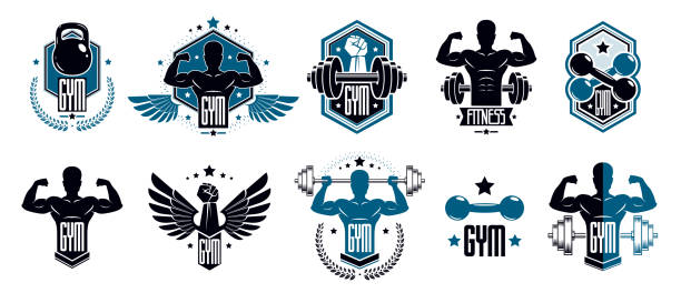 Gym fitness sport emblems and symbols vector set isolated with barbells dumbbells kettlebells and muscle body man silhouettes and hands, athletics workout sport club, active lifestyle. Gym fitness sport emblems and symbols vector set isolated with barbells dumbbells kettlebells and muscle body man silhouettes and hands, athletics workout sport club, active lifestyle. gym symbols stock illustrations