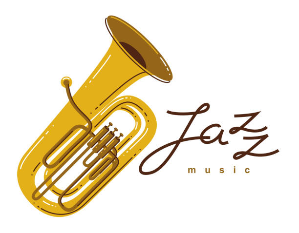 Jazz music emblem or logo vector flat style illustration isolated, tuba logotype for recording label or studio or musical band. Jazz music emblem or logo vector flat style illustration isolated, tuba logotype for recording label or studio or musical band. brass horn stock illustrations