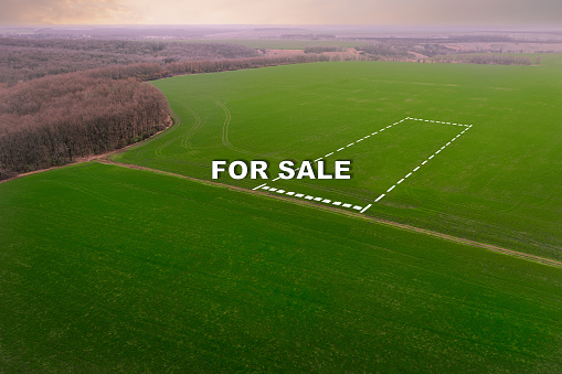 A section of the field for Sale marked by a dotted line. The boundaries of the land with the harvest for sale. Concept of selling commercial land Real Estate.