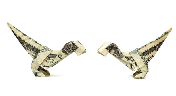 two side of dollar dinosaur origami on white