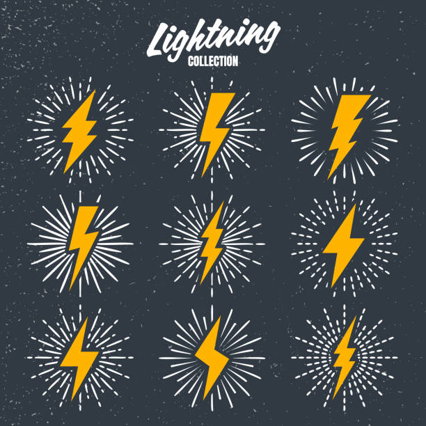 istock Set of yellow vintage lightning bolts and sunrays on grunge background. Lightnings with sunburst effect. Thunderbolt, electric shock sign. Vector illustration 1325072066