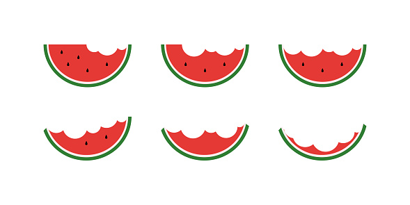 Set icons slices of watermelon from whole piece before rind on white background. Vector illustration.