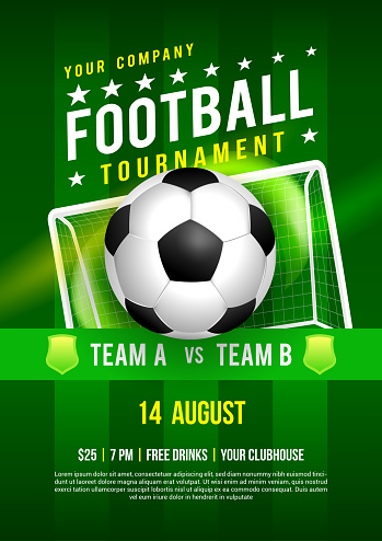 Football league tournament poster design vector illustration. Soccer ball with goal