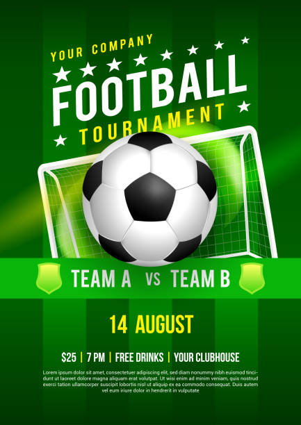 football league tournament poster design vector illustration. soccer ball with goal - football 幅插畫檔、美工圖案、卡通及圖標