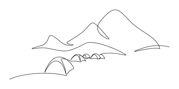 Mountain campsite Tourist campsite in continuous line art drawing style. Tent camping area at the foot of mountains minimalist black linear sketch isolated on white background. Vector illustration base camp stock illustrations