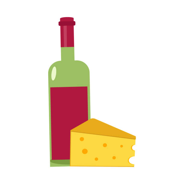 butelka czerwonego wina i sera na białym tle do wykorzystania w clipart lub web design - cheese wine white background grape stock illustrations