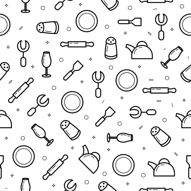 seamless pattern abstract doodle collection kitchen cooking fork plate kettle glass salt shaker rolling pin logo vector symbol icon design style - rolling fork 幅插畫檔、美工圖案、卡通及圖標