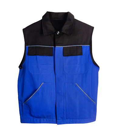 Isolated photo of blue colored sleeveless worker jacket on white background.