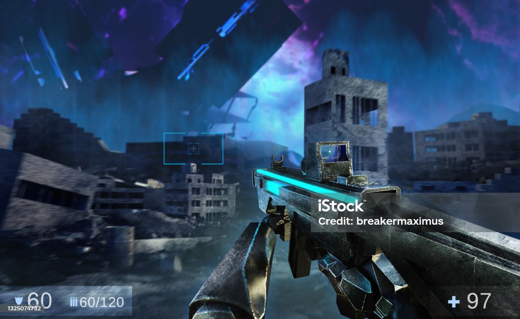 3d render illustration of sci-fi first person shooter game with soldier hands holding futuristic weapon. 3d render illustration of sci-fi first person shooter game with soldier hands holding futuristic weapon on alien invaded ruined city battlefield background. Video Game Stock Photo