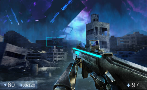 3d render illustration of sci-fi first person shooter game with soldier hands holding futuristic weapon. 3d render illustration of sci-fi first person shooter game with soldier hands holding futuristic weapon on alien invaded ruined city battlefield background. leisure games stock pictures, royalty-free photos & images