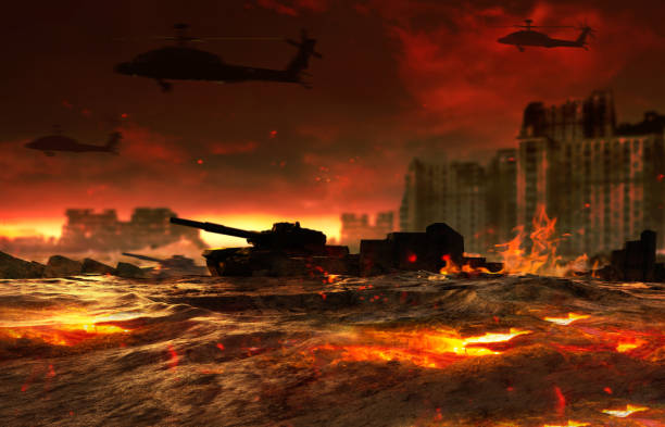 3d render illustration of burning battlefield with tanks and helicopters flying. stock photo