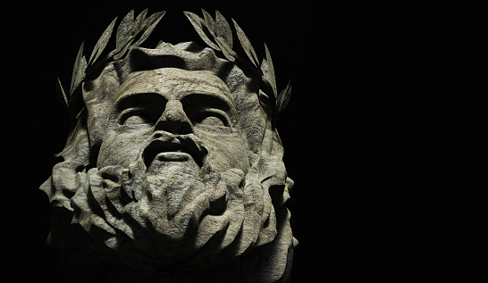 3d render illustration of stone greek god Zeus face on black background.