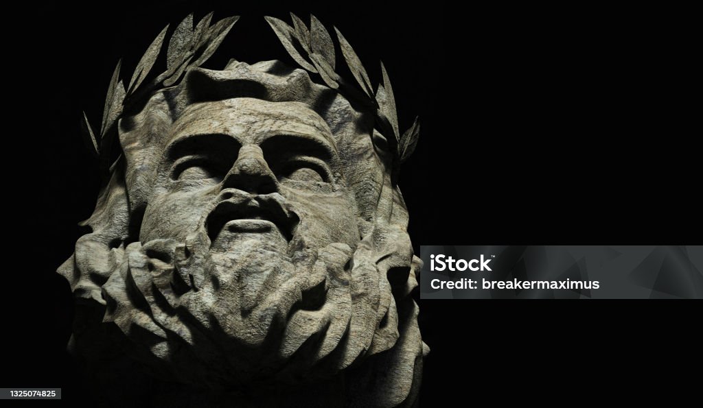 3d illustration of stone greek god Zeus face on black background. 3d render illustration of stone greek god Zeus face on black background. Zeus Stock Photo