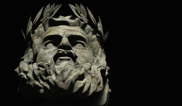 3d illustration of stone greek god Zeus face on black background. stock photo