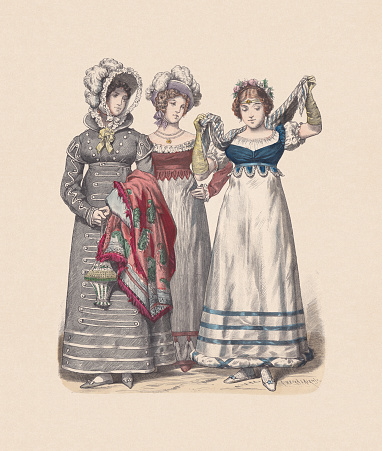 German costumes: Women fashion in 1818. Hand colored wood engraving, published ca. 1880.