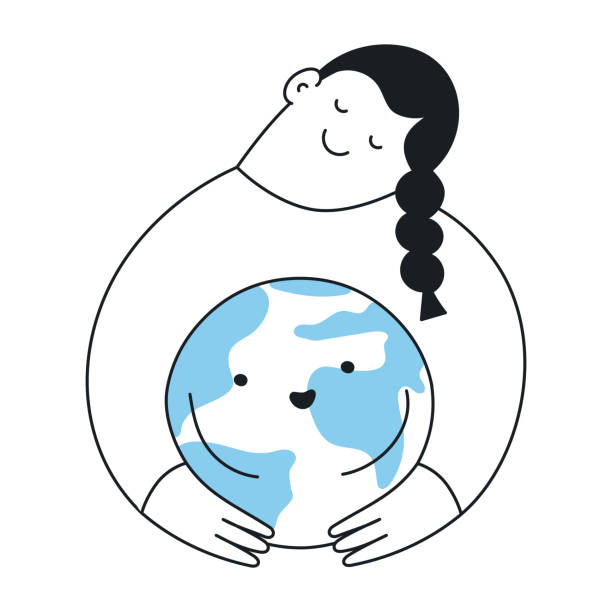 Saving nature, ecology initiatives, protection of environment and Earth Saving nature, ecology initiatives, protection of environment and Earth. Cute cartoon woman holding blue cheerful planet. Thin line elegant vector illustration on white. initiatives stock illustrations