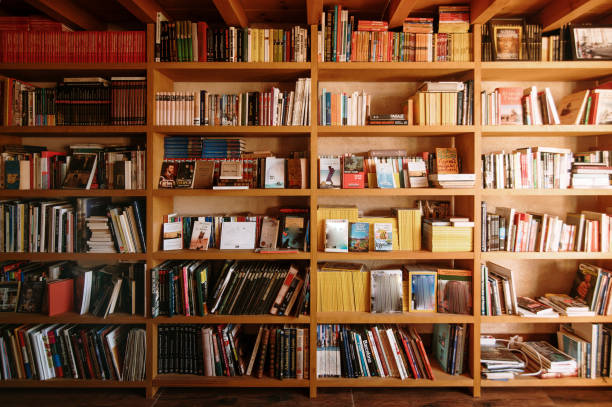 istock Bookshelves in a library 1325078313