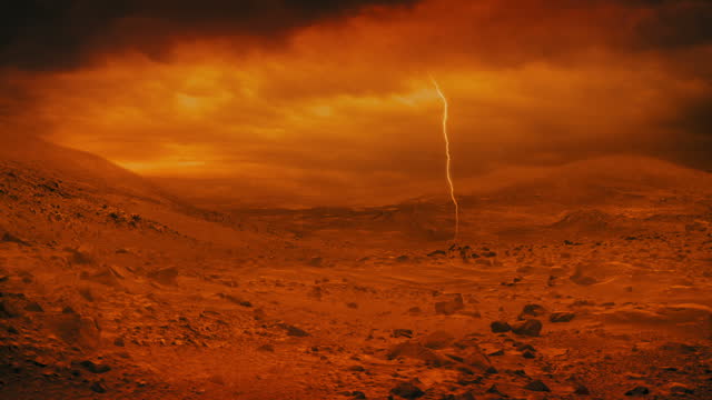 Mars Hostile Landscape With Dust Storm And Lightning