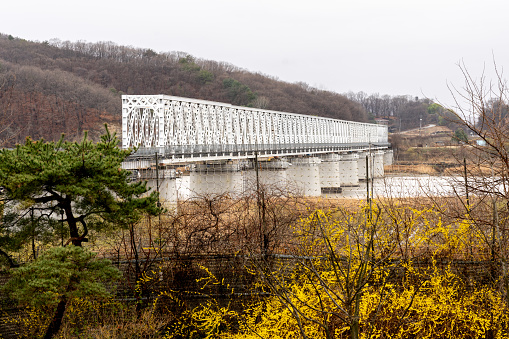 Paju, South Korea - April 10, 2019: Bridge of Freedom crossing the Rimjin. Located in Munsan, Paju, South Korea.