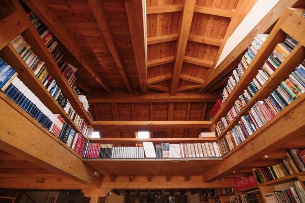 istock Wooden ceiling with bookshelves 1325079590