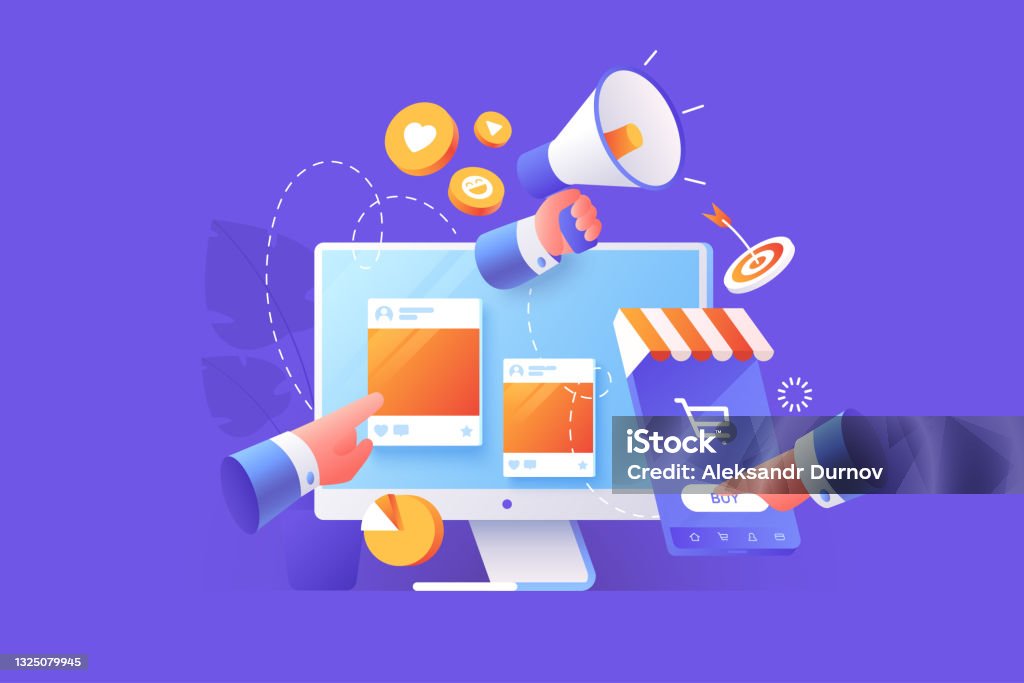 Vector illustration of digital marketing. Targeted advertising concept. Attracting target audience. SEO specialist workflow. Modern flat style. - Royalty-free Marketing vectorkunst