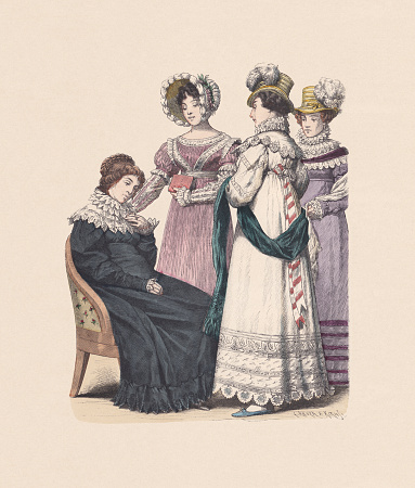 German costumes: Women fashion in 1819. Hand colored wood engraving, published ca. 1880.