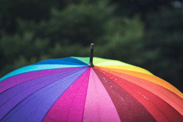 istock Raindrops fall from the sky onto a rainbow-colored umbrella. Light rain. Cloudy weather. 1325083462