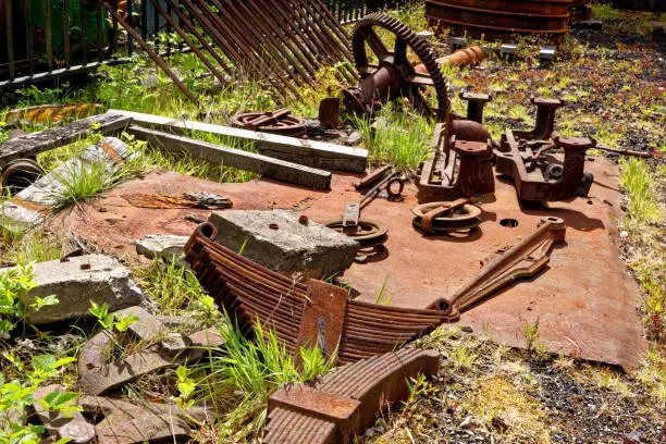 Rusty cogs gear mechanical transmission. Industrial machinery vintage design wheels - Beamish Village, Durham County, England, United Kingdom